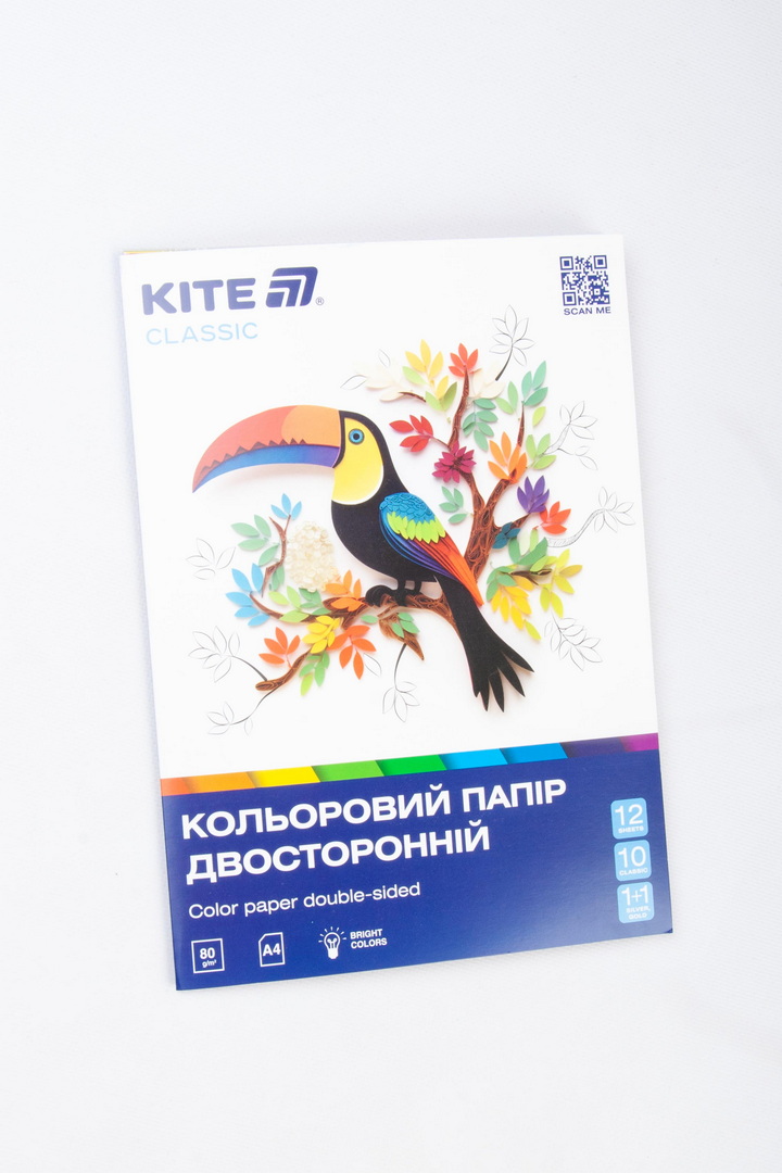 Папір кольоровий, А4, 12 аркушів,12 кольорів, 80г/м2, двосторонній
